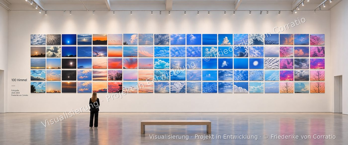 100 Himmel, Visualisierung der geplanten Installation: hundert Himmelsfotografien in fünf Reihen an einer langen weißen Wand