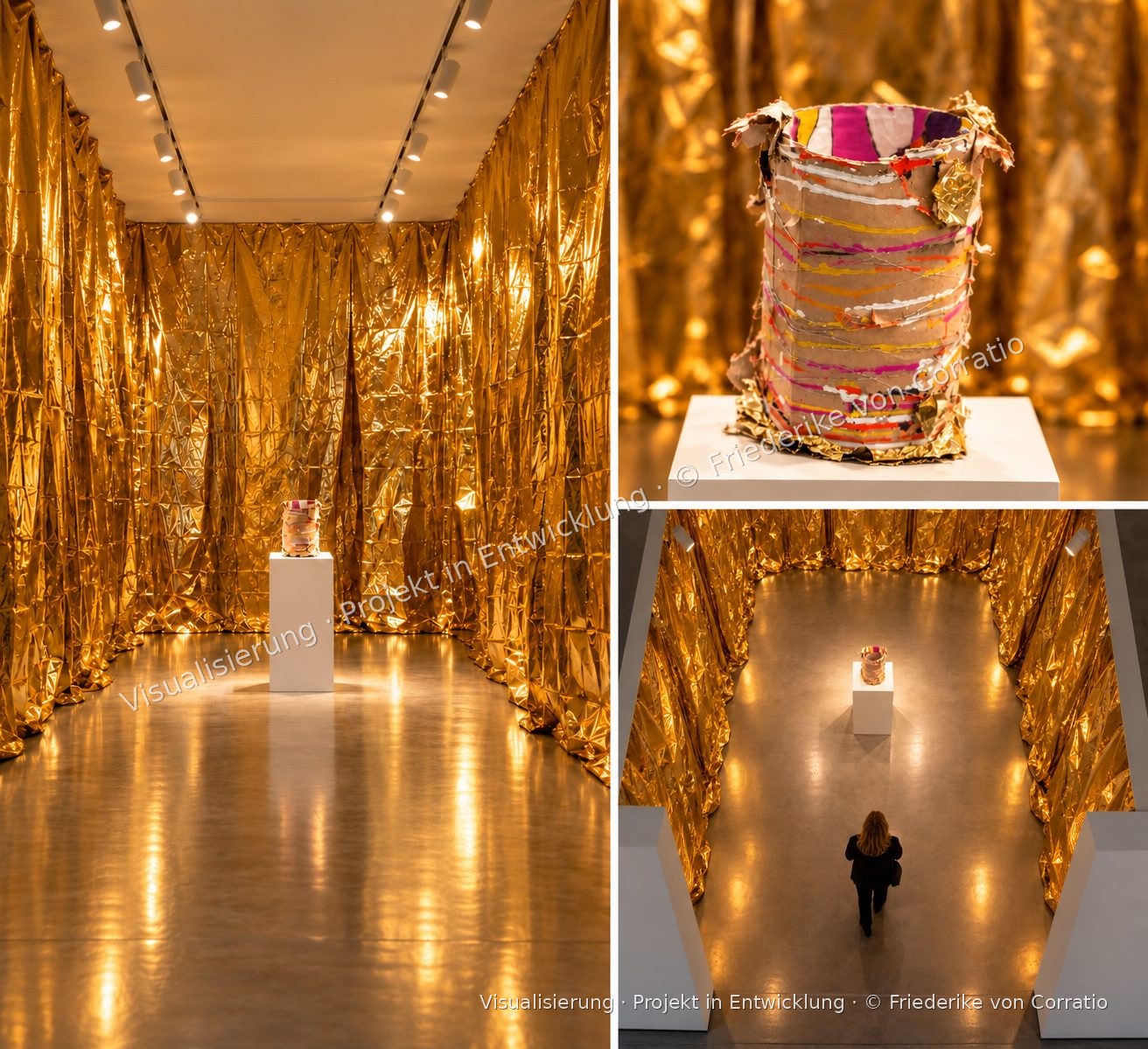 Die Rolle meines Lebens, Visualisierung der geplanten Installation: ein Objekt aus Pappe auf einer Säule in einem goldenen Raum