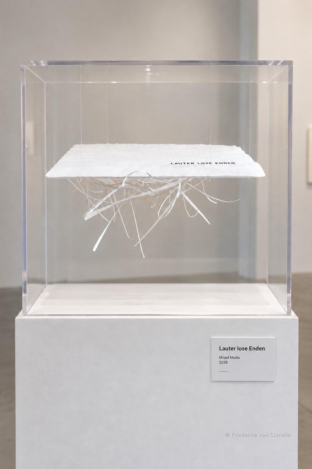 LAUTER LOSE ENDEN, digital inszenierte Ansicht des Objekts in einem Plexiglaskasten auf einer weißen Säule